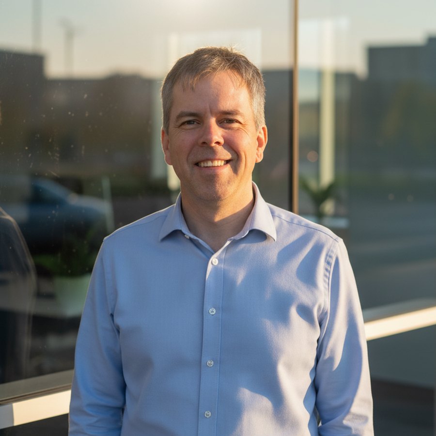 David Clark Lee, smiling, in a light blue shirt outside a glass office building